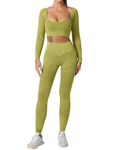 Long Sleeve Workout Sets for Women 2 Piece Seamless Gym Yoga Outfits Sweetheart Neck Crop Top and Tummy Control Butt Lifting High Waist Legging Sets Sportwear #1 Green X-Large | Amazon (US)