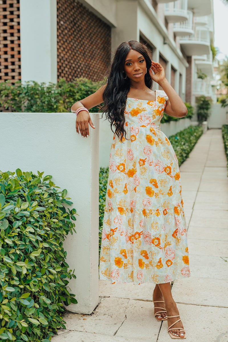 BuddyLove | Anastasia Ruffle Shoulder Midi Dress | Creamsicle | BuddyLove