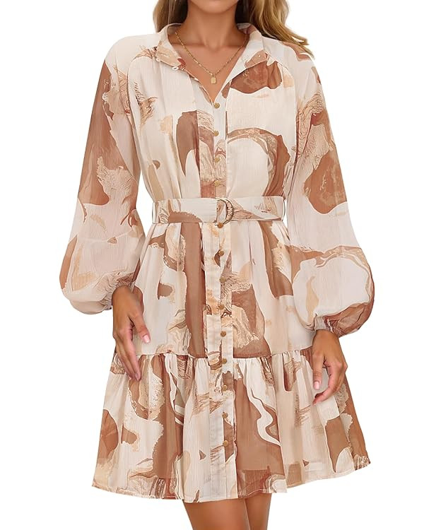 ZESICA Womens Fall Floral Mini Dresses 2025 Long Sleeve Button Chiffon A Line Wedding Guests Part... | Amazon (US)