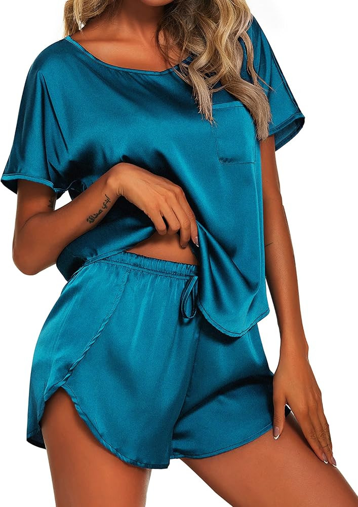 Ekouaer Womens Silk Satin Pajamas Set Short Sleeve Top and Shorts Two-Piece Pjs Silky Sleepwear N... | Amazon (US)