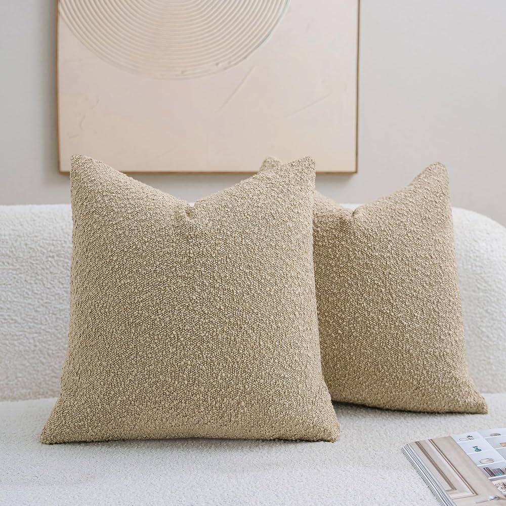 DEZENE Textured Boucle Throw Pillow Covers 18x18 Tan for Bed Couch Sofa Living Room, Pack of 2 Sq... | Amazon (US)