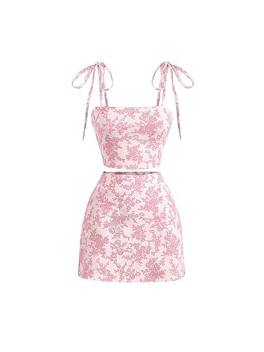 WDIRARA Women's 2 Piece Outfit Floral Print Tie Shoulder Cami Top and Split Hem Skirt Set Pink Large | Amazon (US)