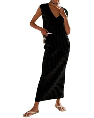 SCUSTY Women's 2 Piece Sweater Skirt Sets Sleeveless V Neck Knit Ribbed Vest Tops Midi Skirt | Amazon (US)