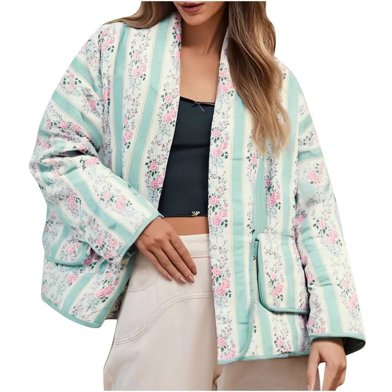 Byworldtasic Women's Jacket Women's Cropped Quilted Jacket Floral Printed LightWeight Padded Puff... | Walmart (US)