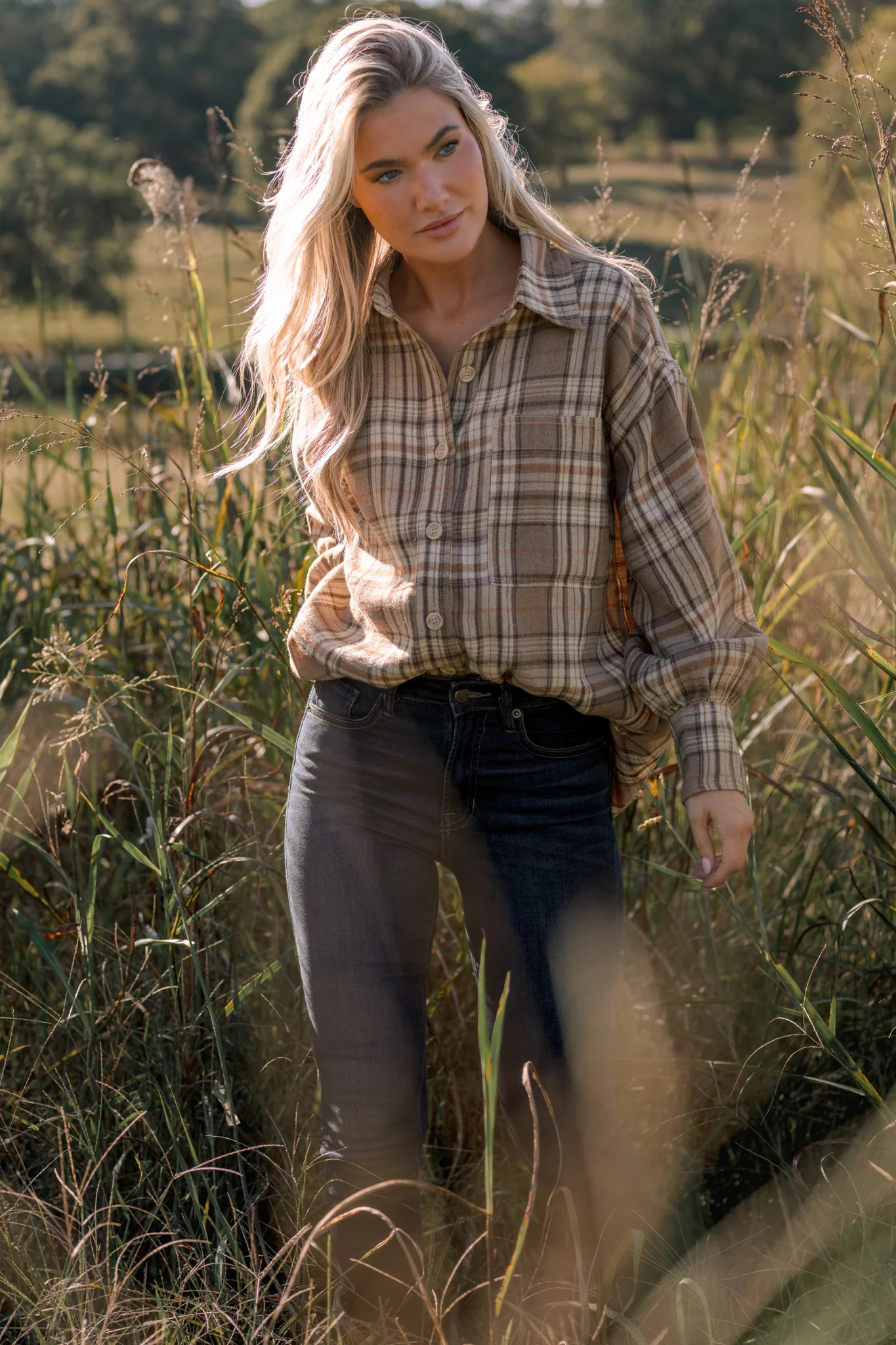 I\u2019ll Put the Coffee On Beige Plaid Cotton Button Front Shirt | Red Dress