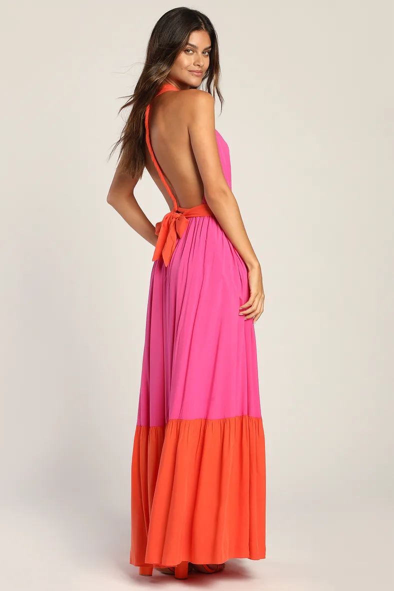 Forever Amazing Hot Pink Colorblock Tiered Halter Maxi Dress | Lulus (US)