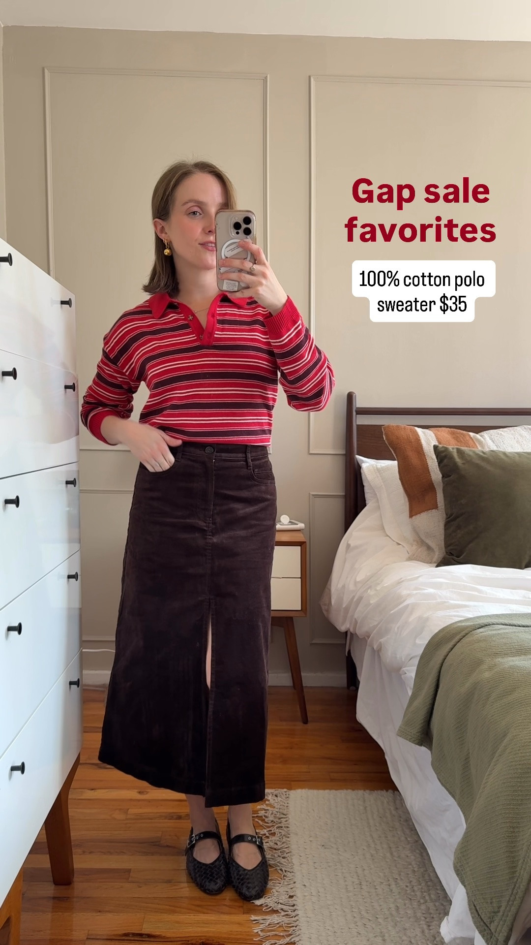 $35 polo sweater from Gap 100% cotton and so light to pair with skirts or jeans 
Wearing xs petite 
0 petite corduroy skirt 50% off
