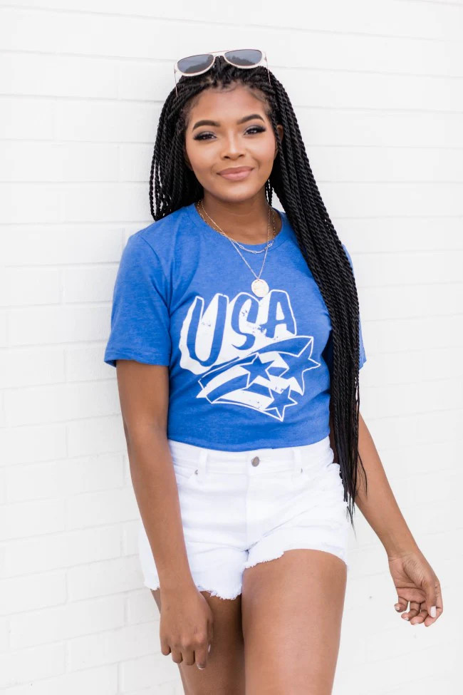 White USA Stars Graphic Vintage Royal Blue Tee FINAL SALE | The Pink Lily Boutique