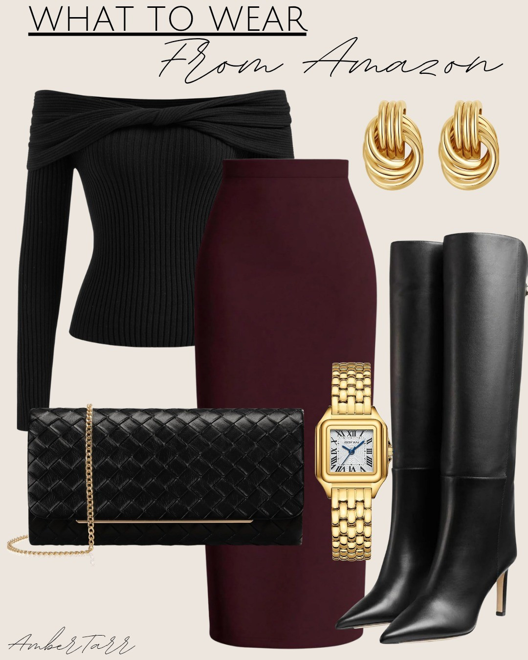 Off the shoulder top, burgundy high waisted pencil skirt, knee high pointed boots and gold accessories. The perfect chic date night look. 

#LTKOver40 #LTKFindsUnder50 #LTKFindsUnder100