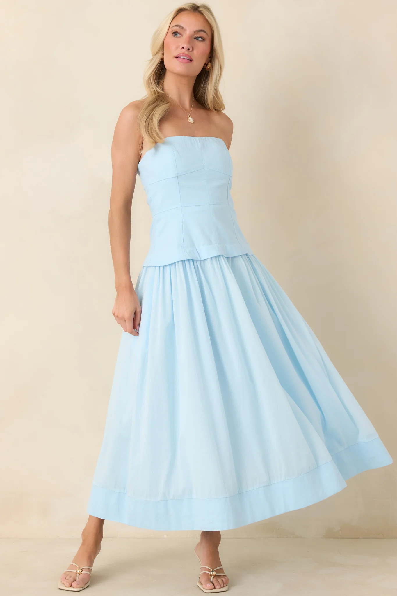 You Already Know Blue Cotton Bustier Bodice Strapless Midi Dress | Red Dress