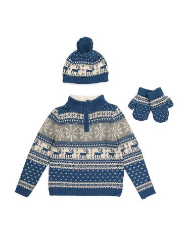 Toddler Boys Reindeer Jacquard Sweater With Hat And Mittens | TJ Maxx