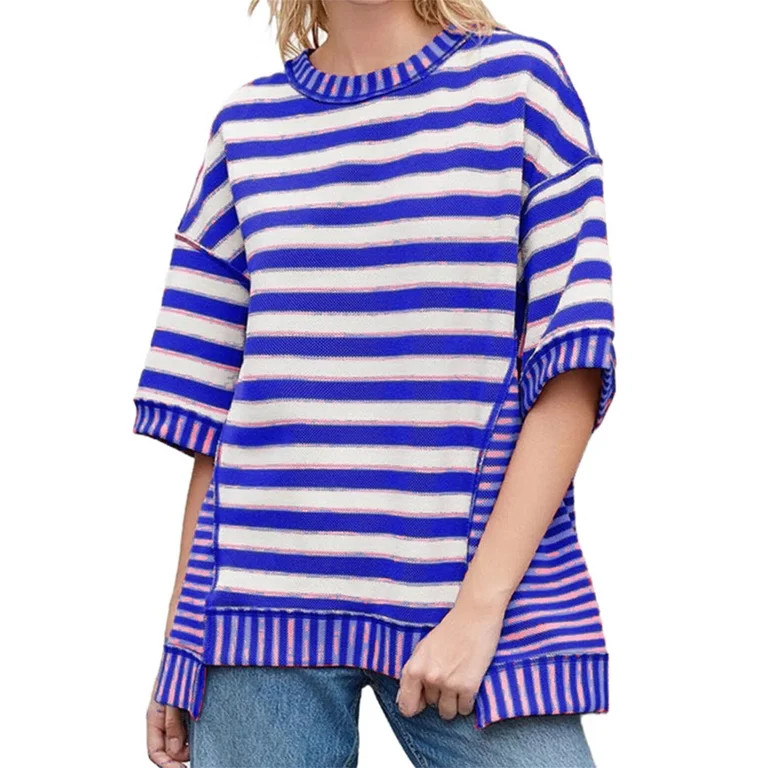 Short Sleeved Oversized Loose Striped Print Casual Knit Pullover Tops | Walmart (US)