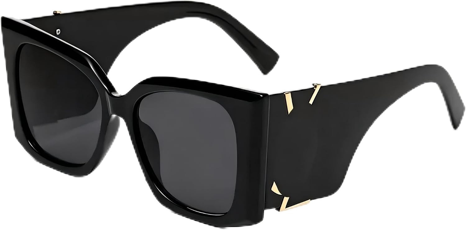 Oversized Square Sunglasses, Black with Gold Logo | Amazon (US)