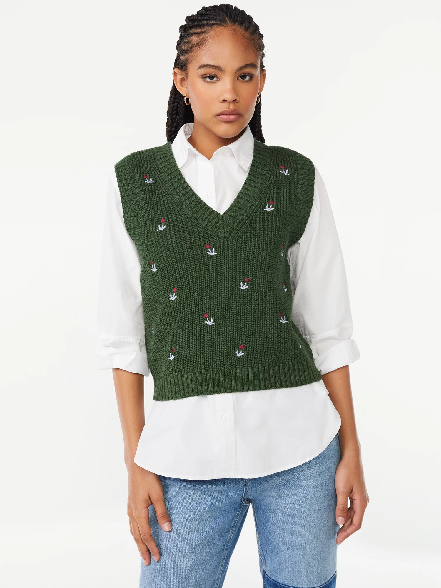 Free Assembly Women's Embroidered Sweater Vest, Midweight | Walmart (US)