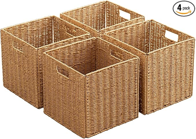 Foldable Storage Baskets with Handles Paper Rope Storage Baskets Rectangle Collapsible Hand Woven... | Amazon (US)