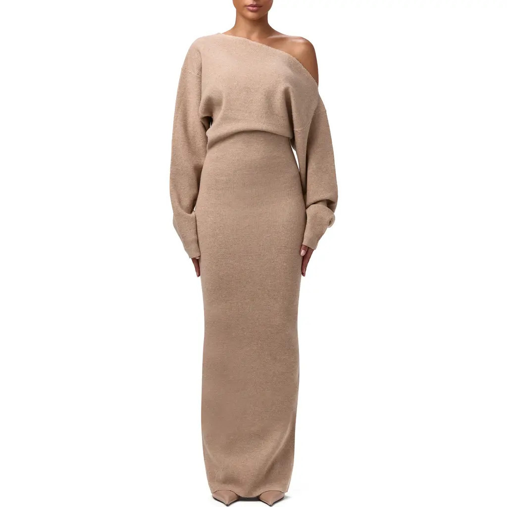 Naked Wardrobe One-Shoulder Long Sleeve Maxi Sweater Dress in Taupe at Nordstrom, Size X-Small | Nordstrom