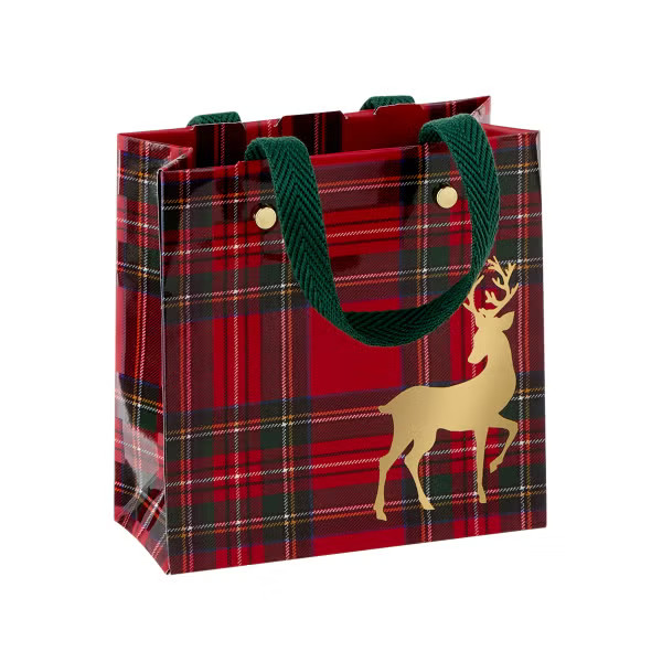 Caspari Mini Royal Plaid Reindeer Gift Bag | The Container Store