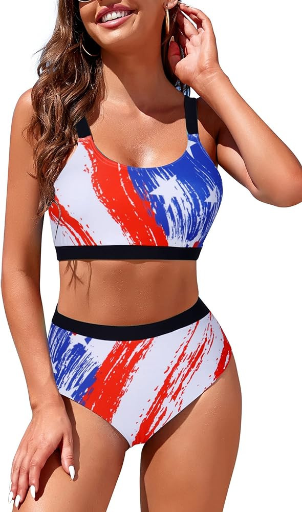 Womens High Waisted Bikini Sets Sporty Crop Top Color Block Swimwear Bandeau Scoop Neck Vintage T... | Amazon (US)