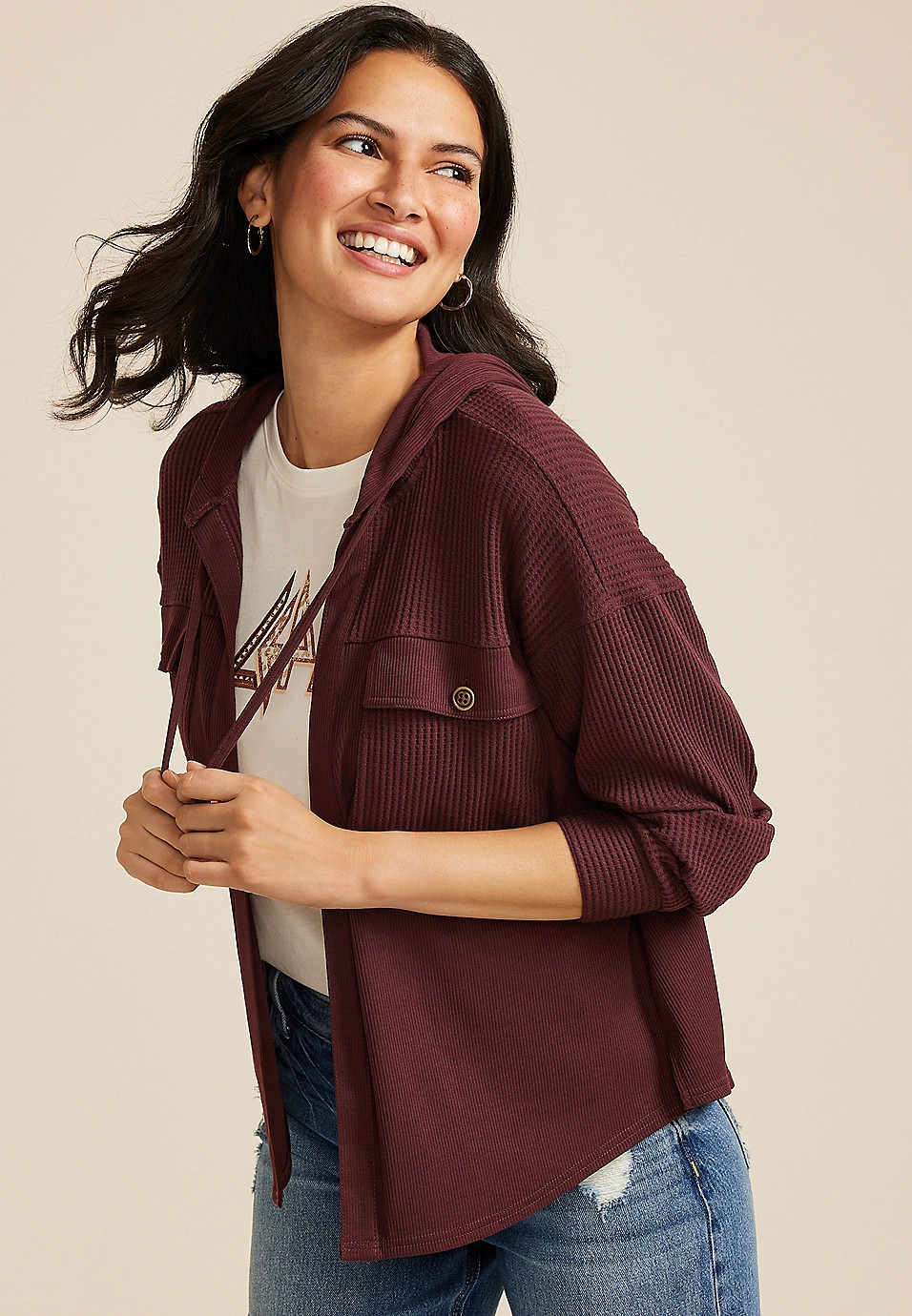 Waffle Knit Hooded Shacket | Maurices