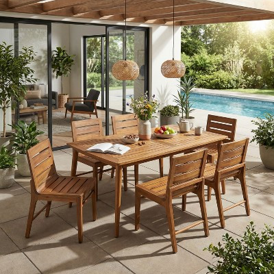 Christopher Knight Home Lorenzo Modern 7 Piece Acacia Wood Dining Table Set with Slatted Design, Teak | Target