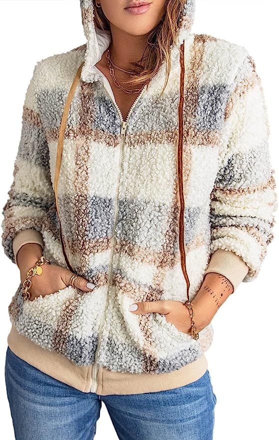 Paitluc Womens Wool Coats Lapel Plush Jacket Plaid Zip Up Oversized Jacket with Pockets Womens Wi... | Amazon (US)
