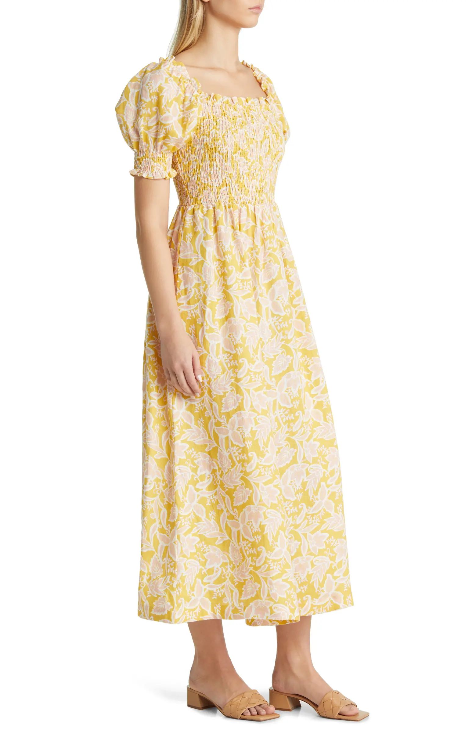 Smocked Floral Linen Midi Dress | Nordstrom