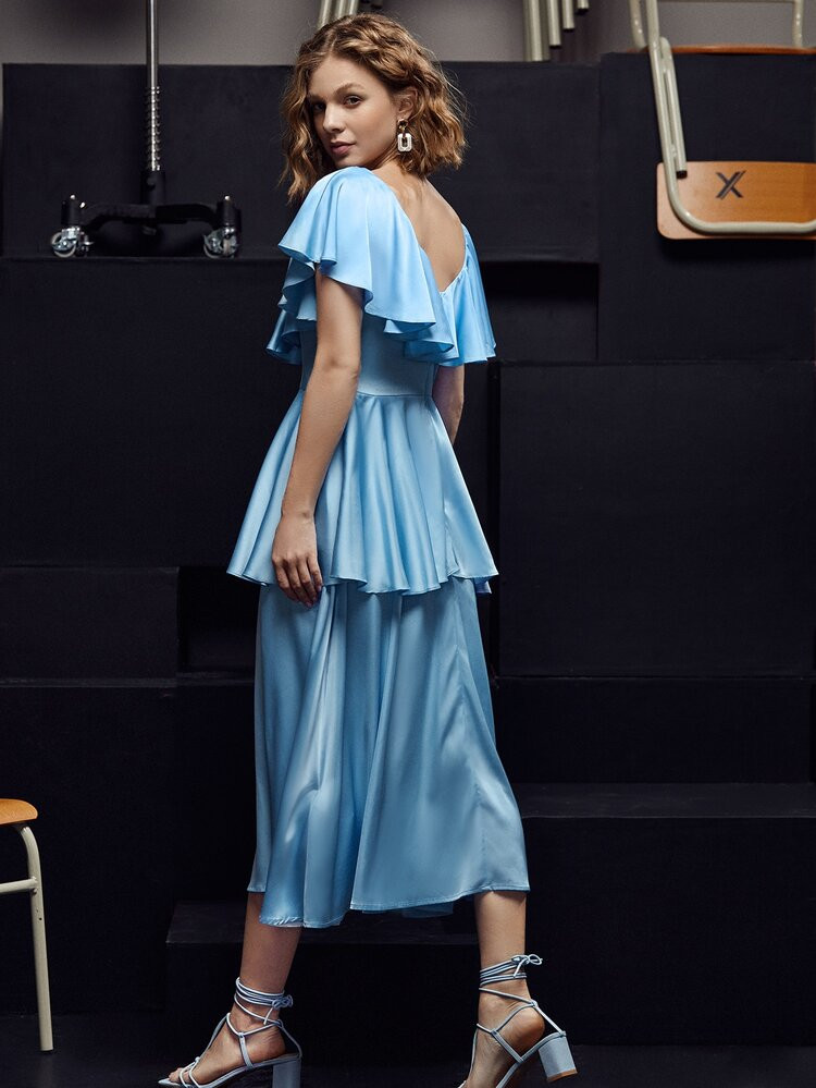 SHEIN X Fatema Nasser Ruffle Trim Two Layer Hem Satin Dress | SHEIN