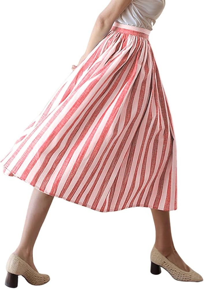 chouyatou Women's Vertical Striped Pleated A Line Skirt Casual Elastic Waist Cotton Linen Swing M... | Amazon (US)
