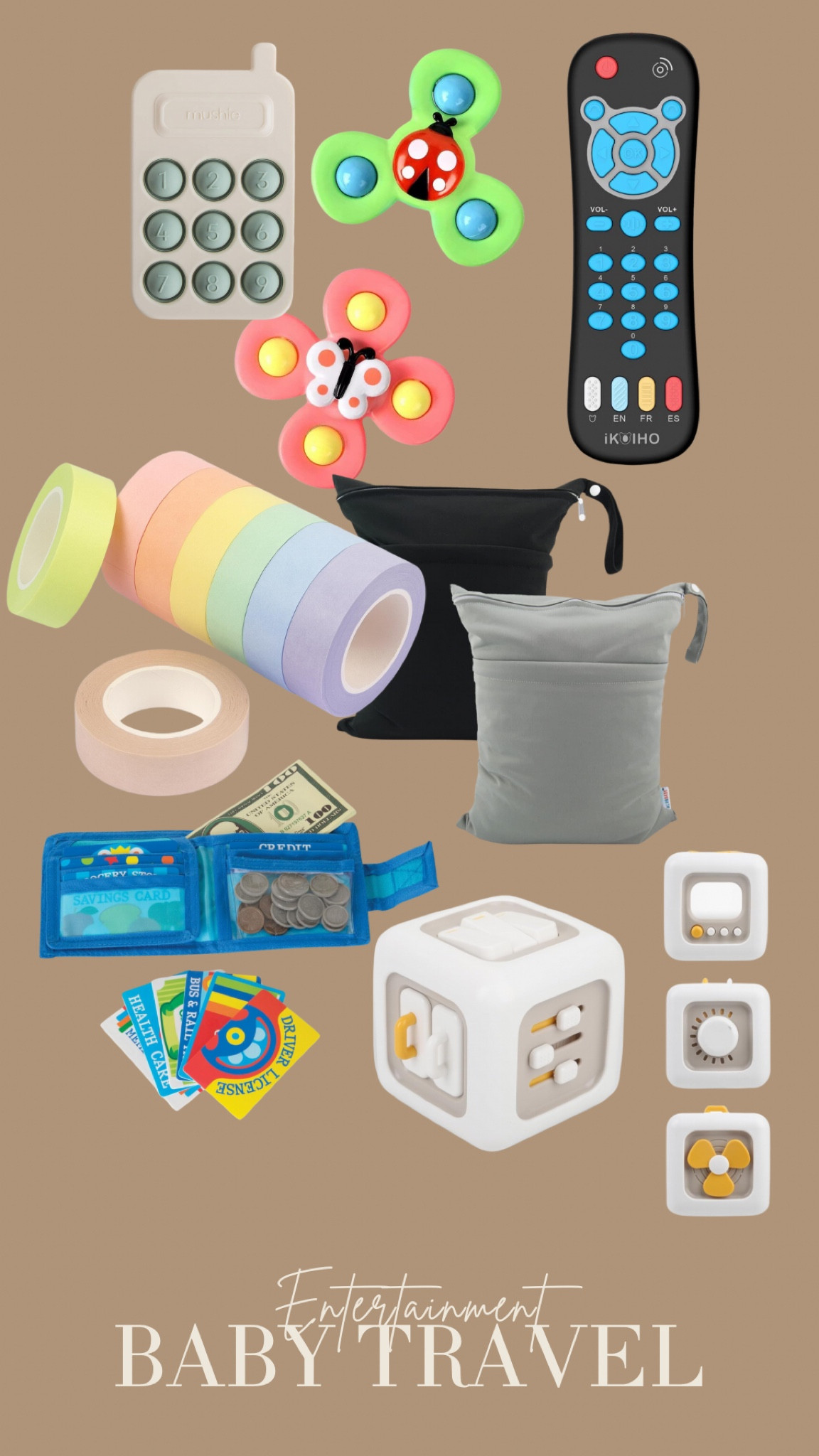 Baby Entertainment Essentials 

I focus on easily cleaned items as you know they will end up on the ground at some point. Painters tape is such a great item to place on the plane tray table and make a game out of it- with no mess. 

Traveling with baby | Flying with kids | Airplane Entertainment for Kids | Amazon 