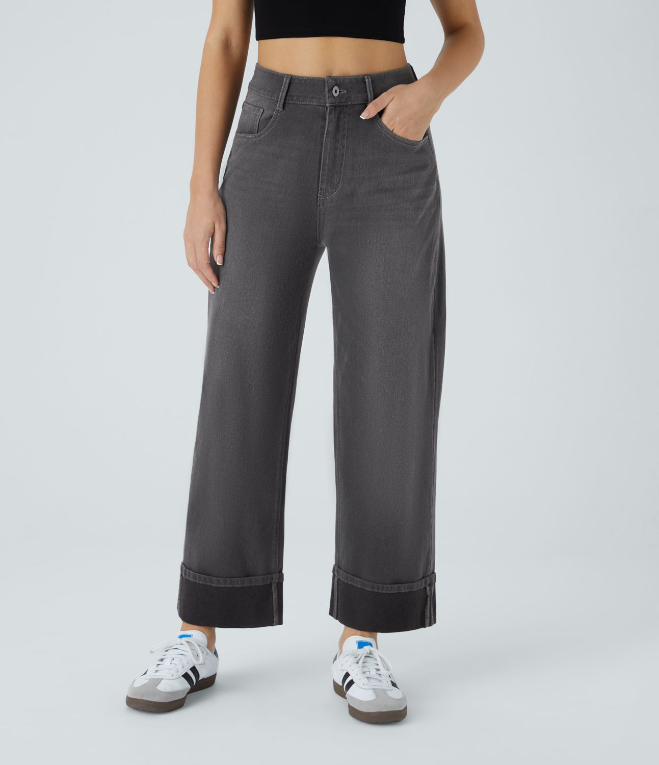 Women’s Halara Flex™ High Waisted Multiple Pockets Rolled Hem Wide Leg Washed Stretchy Knit C... | HALARA