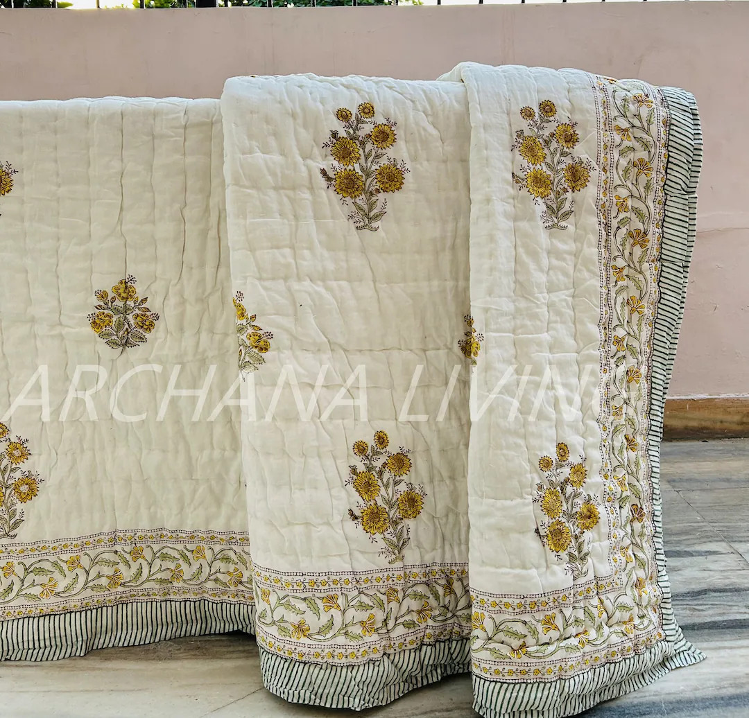 Jaipuri Block Print Quilt, Printed Reversible Razai, Cotton Handmade Floral Quilt, Jaipuri Razai,... | Etsy (US)