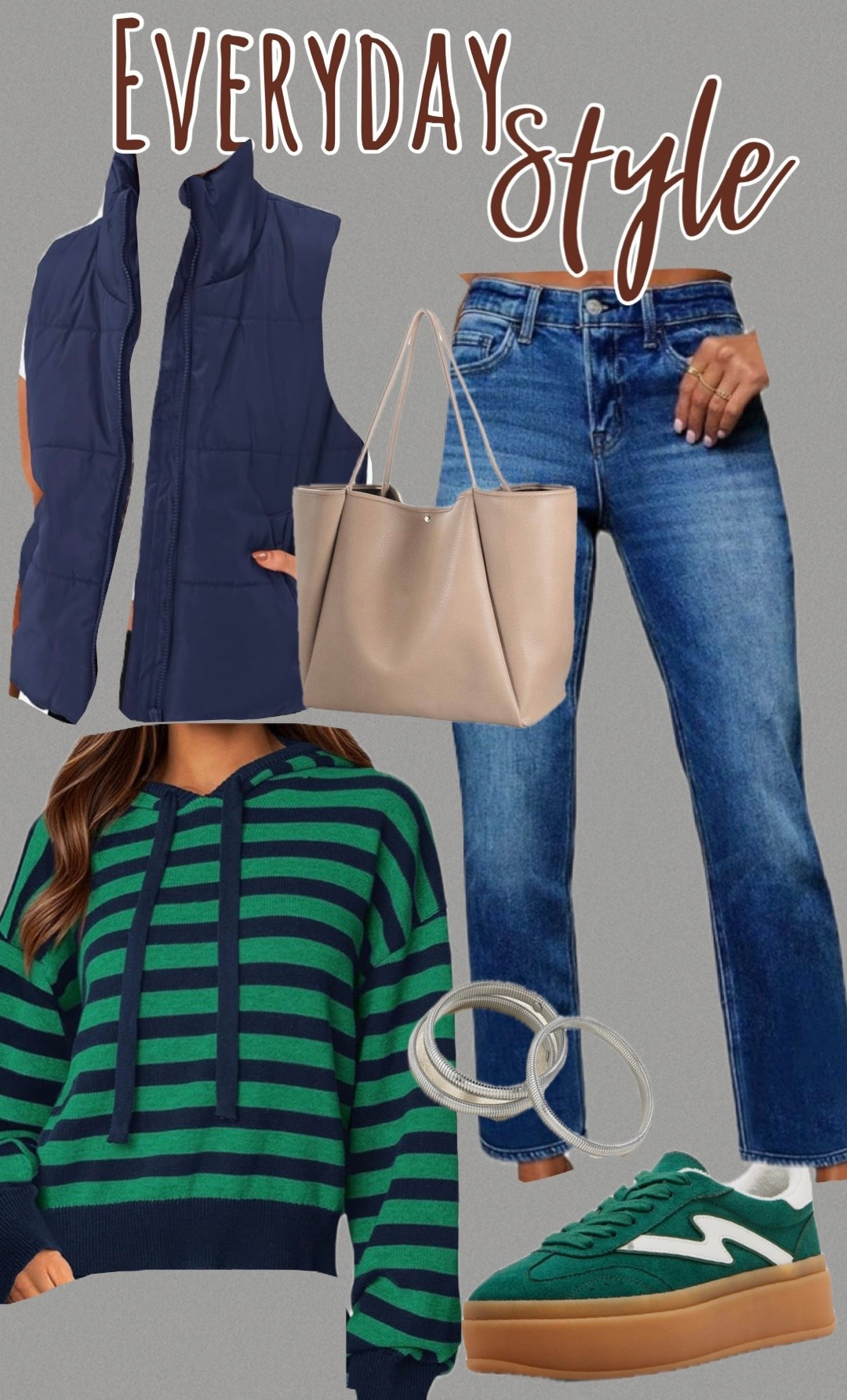 Everyday style Amazon 💚 Hoodie sweater, vest, green sneakers, tan purse, jeans! 