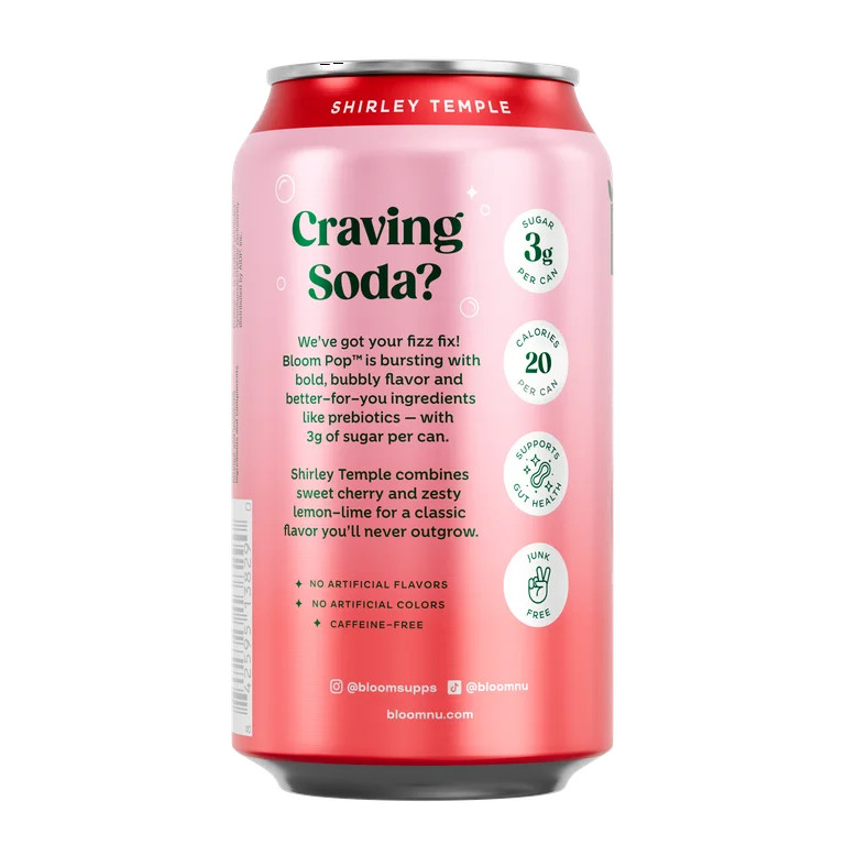 Bloom Nutrition Pop Prebiotic Soda, Shirley Temple, 12 fl oz Can | Walmart (US)