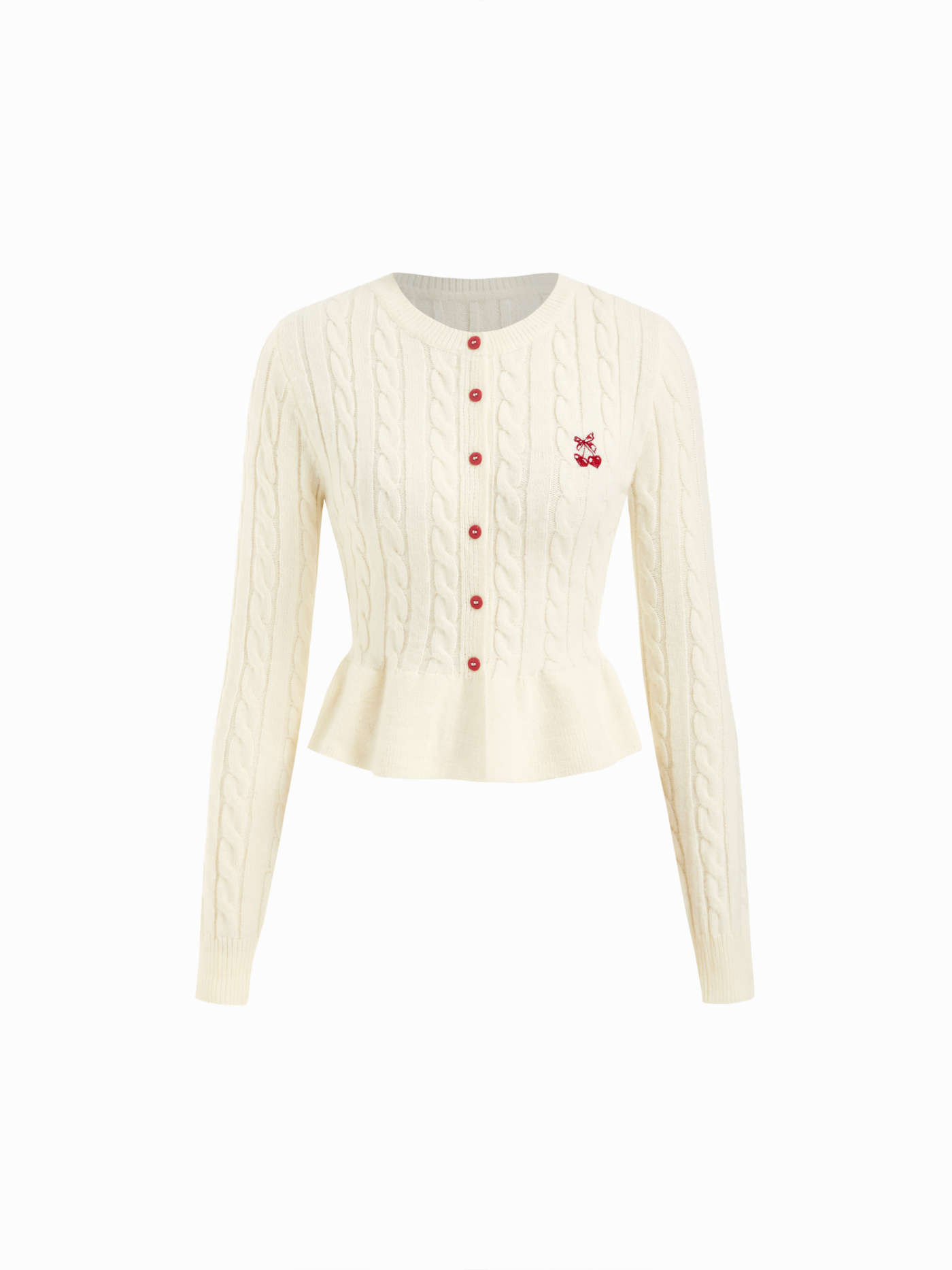 Knit Fabric Cable Knit Cherry Embroidery Long Sleeve Ruffle Hem Cardigan For Daily Casual | Cider