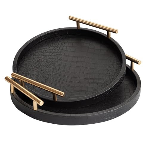 JUMBO HUMBLE Decorative Serving Trays, Set of 2 Wood Modern Crocodile Leather Round Tray with Polished Metal Handles, Decorative Trays Coffee Table Tray Ottoman Platter for Home Decor (Black) | Amazon (US)