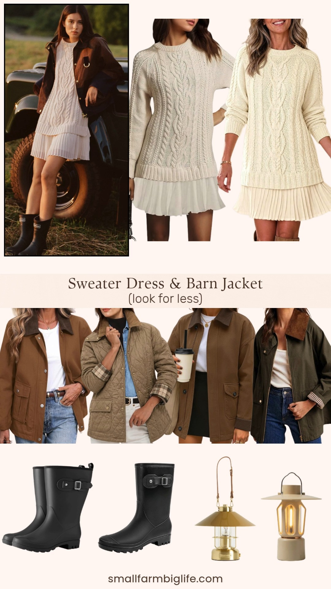 The sweater dress and barn jacket combo is such a classic fall look, and this lineup gives you both the splurge and the look for less. The Anthropologie Delphine twofer mini sweater dress in ivory is beautiful on its own, and it pairs perfectly with the Barbour x Anthropologie cotton jacket in brown and black for that effortless, layered fall outfit.

For a similar look at a fraction of the price, the Amazon beige cable knit sweater mini dresses from Saodimallsu are nearly identical in style, with the same crewneck, patchwork pleated design, and chunky preppy feel. Pair one with a barn jacket like the ELLEVEN padded utility coat with a corduroy collar, the ZESICA lightweight cotton barn jacket, or the army green color block jacket with plaid cuffs, all bring that same classic outdoor inspired silhouette.

For a quilted option, the VAOYIU diamond pattern jacket with a corduroy collar and plaid cuffs is a fun textured alternative. Finish the look with black rain boots for that practical, farmhouse ready finish, whether you go with the HISEA waterproof pair or a similar mid calf rubber boot.

For lighting, the Barbour x Anthropologie rechargeable lantern is gorgeous but comes at a splurge price, the Amazon mini rechargeable camping lantern offers that same warm, vintage inspired glow for a fraction of the cost.

#lookforless #anthropologie #barbour #fallfashion #falloutfits 

 #LTKootd #LTKSeasonal #LTKOver40