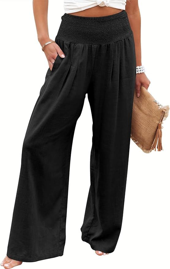 ANRABESS Women Linen Palazzo Pants Summer Boho Wide Leg High Waist Casual Lounge Pant Trousers wi... | Amazon (US)