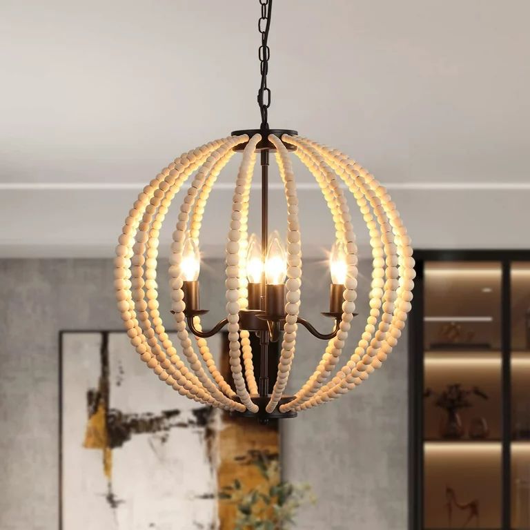 Garwarm Boho Wood Bead Chandelier, 4- Light Modern Pendant Lighting, Farmhouse Hanging Ceiling Li... | Walmart (US)