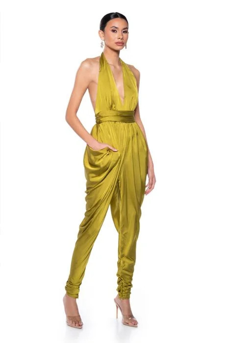 CELESTE HALTER NECK JUMPSUIT IN GREEN | AKIRA