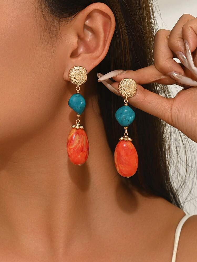 1 Pair Elegant Fashion Bohemian Plastic Block Earrings, Gold Studs With Marble Water Ripple Ink P... | SHEIN