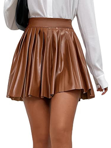 Floerns Women's PU Leather High Waisted Pleated Skirt Faux Leather Party Skater Mini Skirt Brown Plain Petite L | Amazon (US)