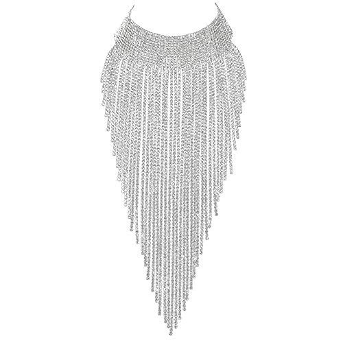 Flyonce Rhinestone Statement Necklace for Women, Tassel Bib Choker Collar Chunky Costume Jewelry Clear | Amazon (US)