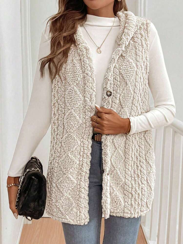 Women's Cozy Plush Hooded Vest - Various Colors, Soft Textured Knit, Button Closure, Must-Have Fall/Winter Layering Piece For Fashionable Warmth! | SHEIN