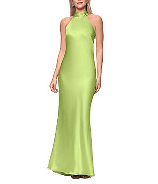 Xscape Satin Halter Bow Tie Back Sleeveless Sheath Gown - 10 | Dillard's