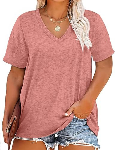 Kancystore Womens Plus Size V Neck T Shirts Short Sleeve Tops Loose Fit Tee | Amazon (US)