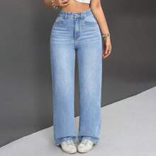 Washed Loose Straight Leg Jeans With Slanted Pockets | SHEIN