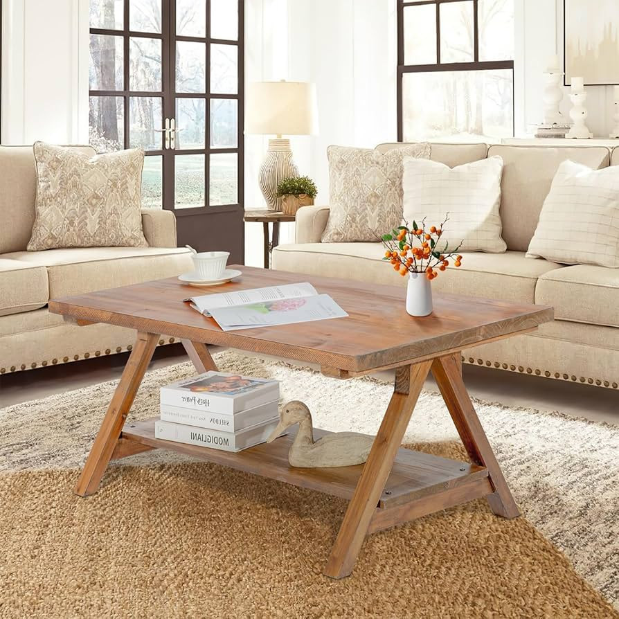 Farmhouse Coffee Table for Living Room, 2-Tier Solid Wood Coffee Table, Rustic Rectangular with S... | Amazon (US)