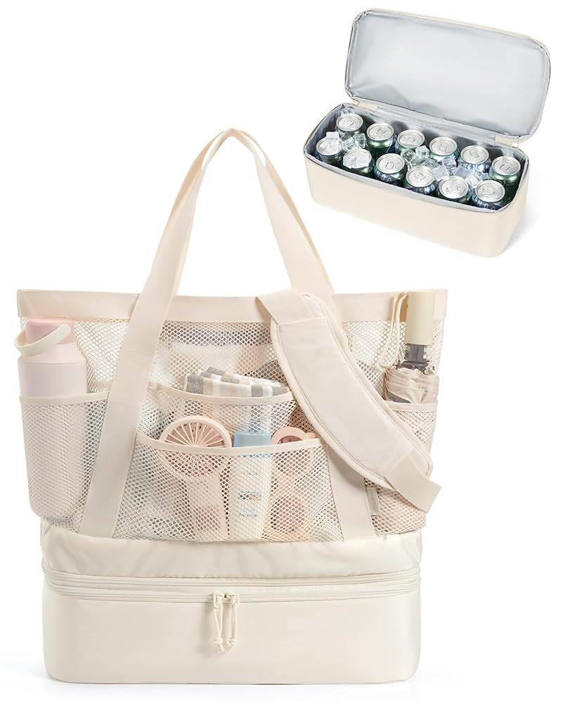 BAGSMART Beach Bag for Women, Mesh Tote Bags with Zipper, Sandproof Vacation Essentials with Cool... | Amazon (US)