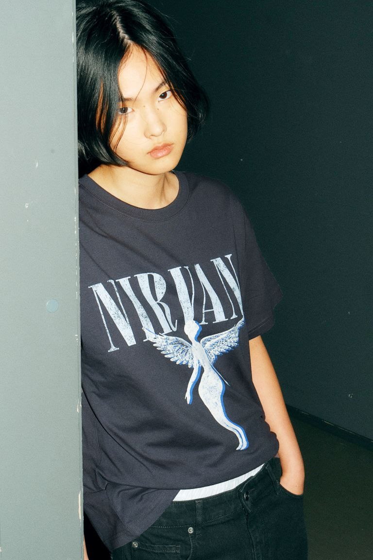 Oversized printed T-shirt - Dark grey/Nirvana - Ladies | H&M GB | H&M (UK, MY, IN, SG, PH, TW, HK)