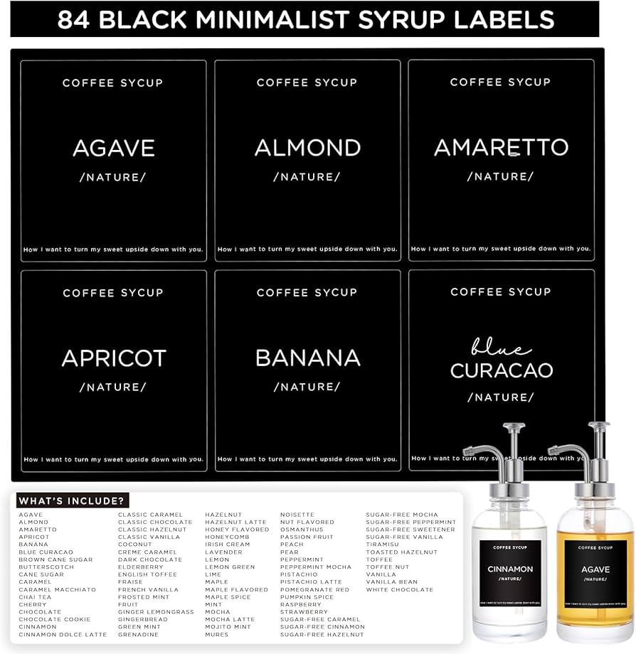 84 Coffee Syrup Labels, Joyfulmap 2.35 x 2.55 inch Minimalist Label for Coffee Bar Accessories, W... | Amazon (US)